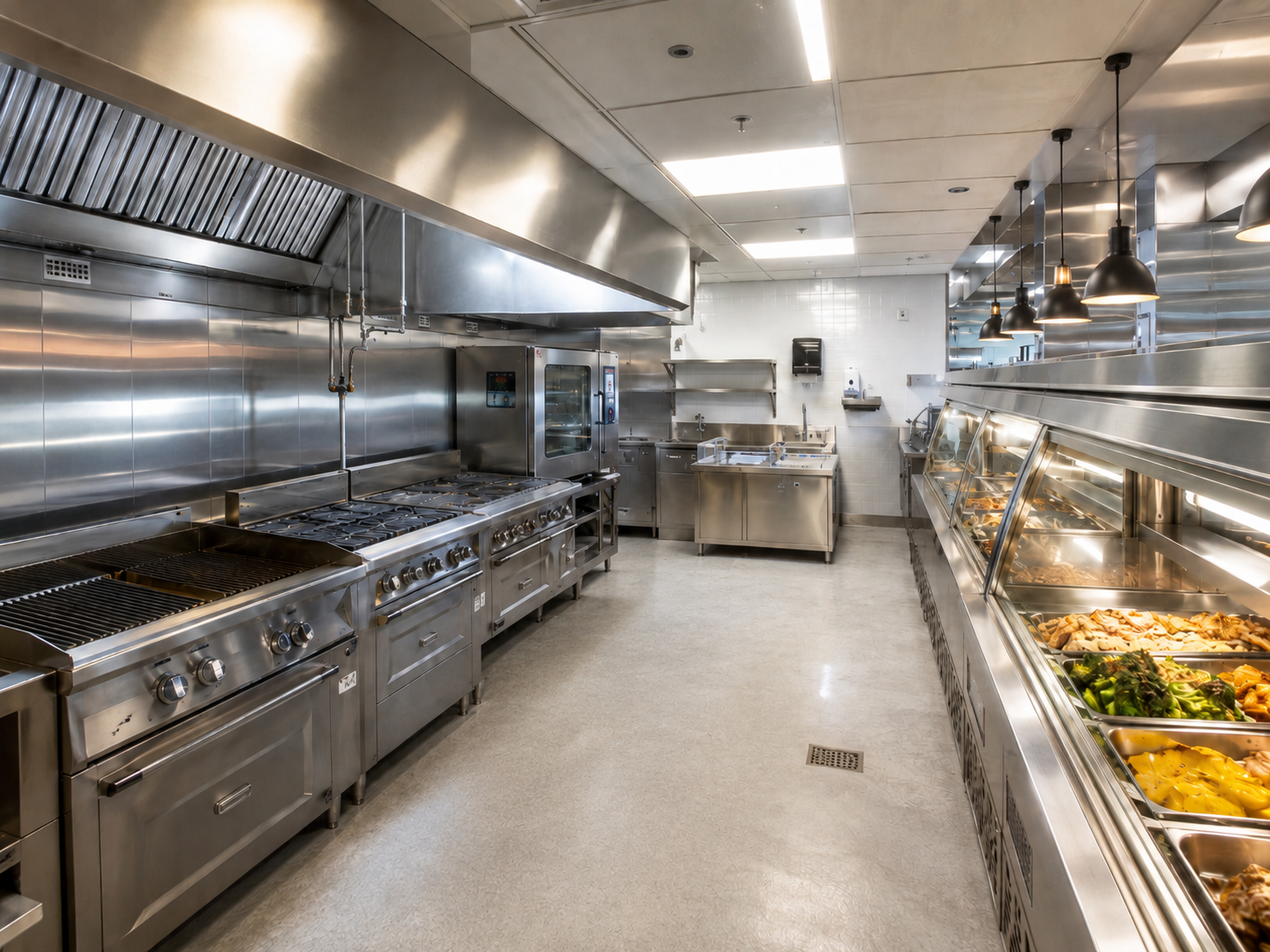 Cocina industrial con línea de servicio, acero inoxidable y área operativa gastronómica profesional